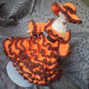 Vintage Shackman Bisque Porcelain Hand Painted Doll Orange Crocheted Dress Japan